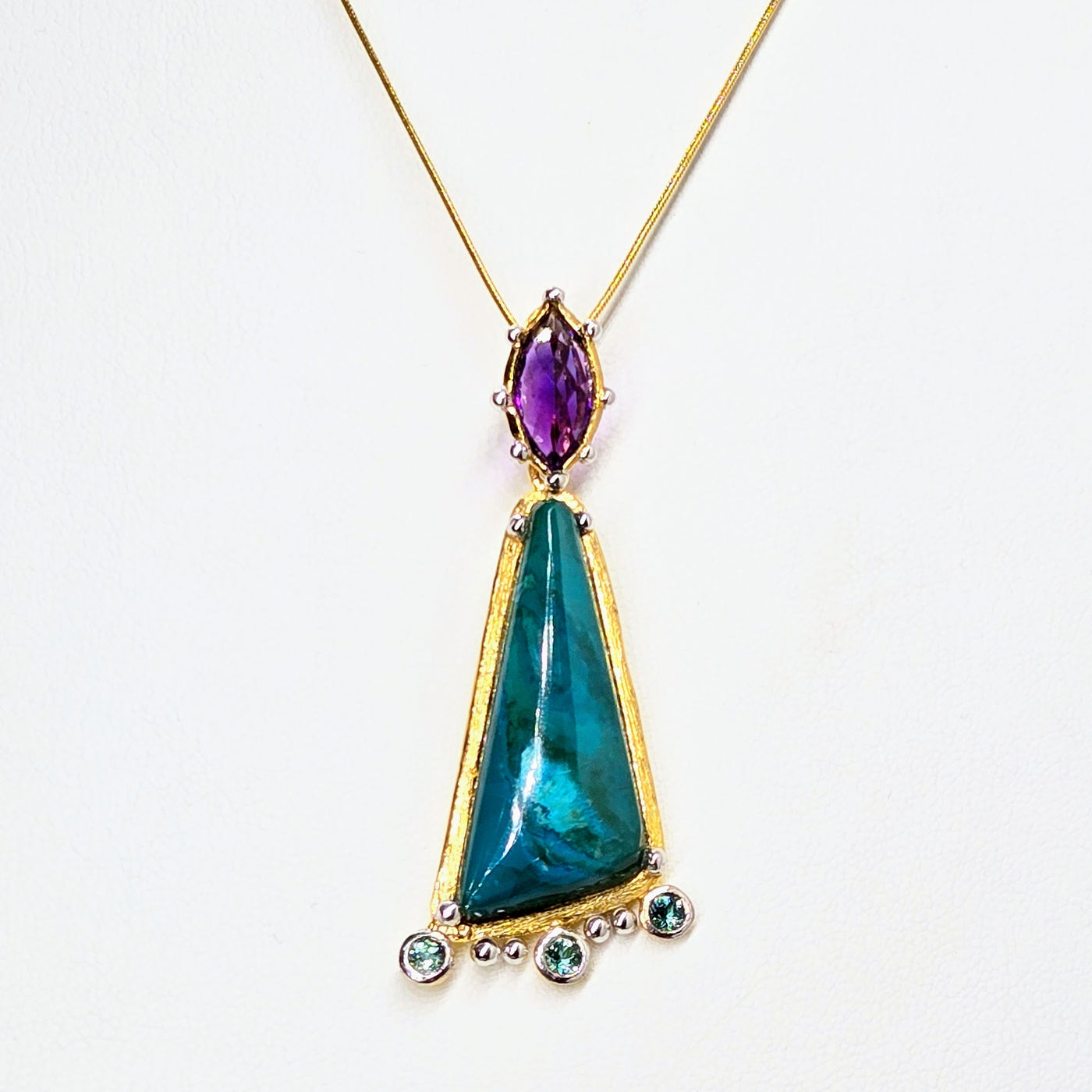 "Happy Dance" Pendant Necklace - Chrysocolla, Amethyst, Tourmaline, 18k Gold Sterling