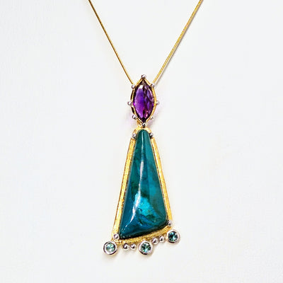 "Happy Dance" Pendant Necklace - Chrysocolla, Amethyst, Tourmaline, 18k Gold Sterling