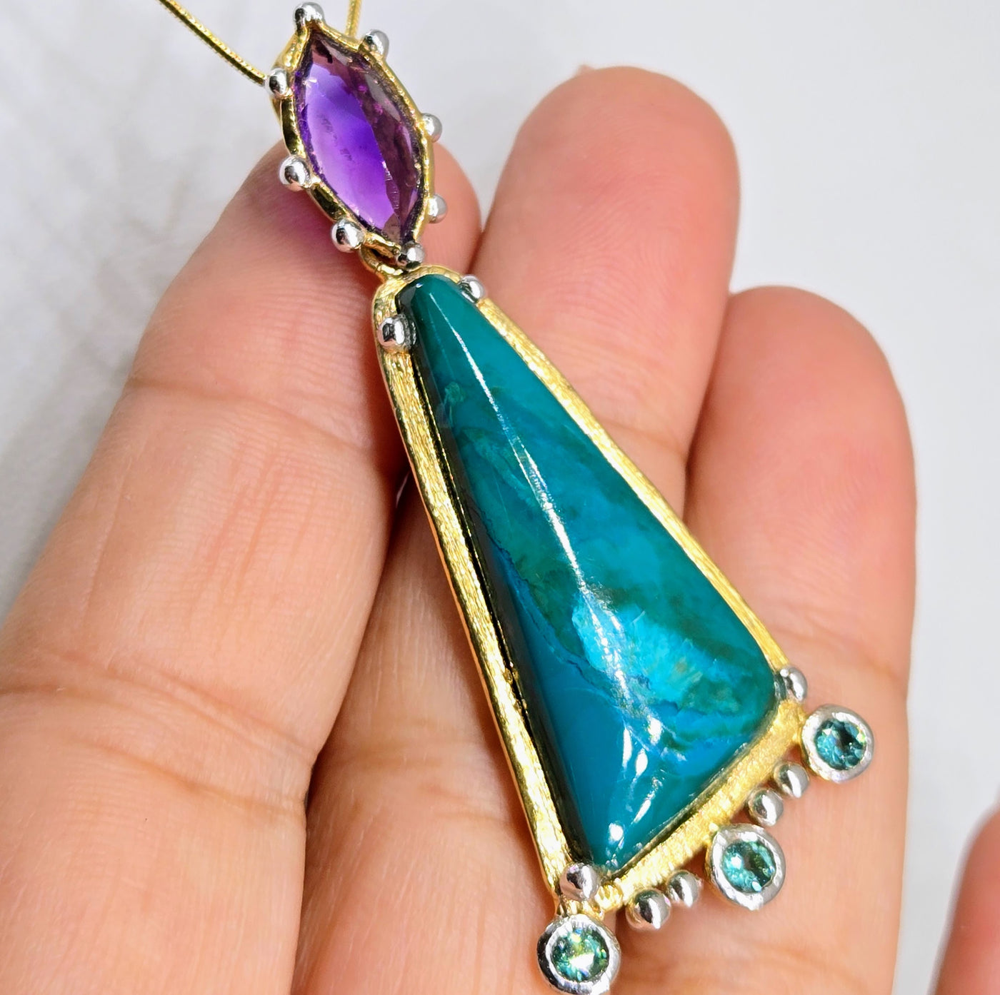 "Happy Dance" Pendant Necklace - Chrysocolla, Amethyst, Tourmaline, 18k Gold Sterling