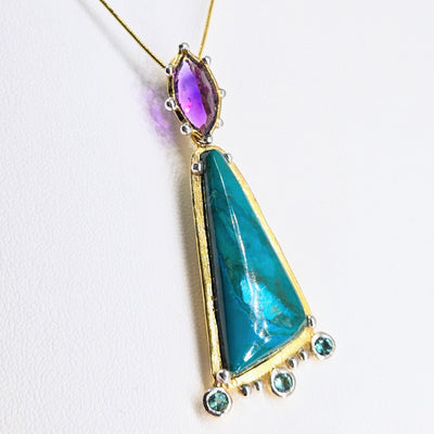 "Happy Dance" Pendant Necklace - Chrysocolla, Amethyst, Tourmaline, 18k Gold Sterling