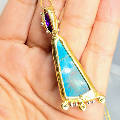 "Happy Dance" Pendant Necklace - Chrysocolla, Amethyst, Tourmaline, 18k Gold Sterling