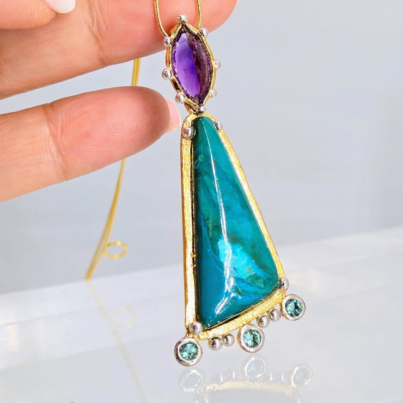 "Happy Dance" Pendant Necklace - Chrysocolla, Amethyst, Tourmaline, 18k Gold Sterling