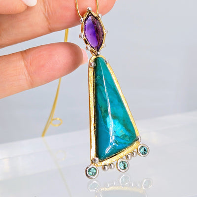 "Happy Dance" Pendant Necklace - Chrysocolla, Amethyst, Tourmaline, 18k Gold Sterling