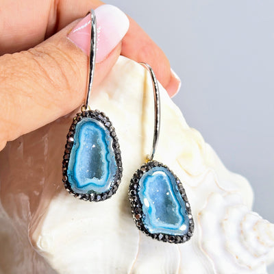 "Ancient Coral Druzy Drop" Earrings - Agatized Druzy Coral, Crystal Pave', Sterling