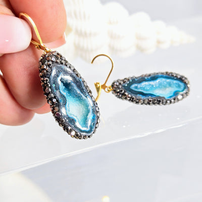 "Ancient Coral Druzy Drop" Earrings - Agatized Druzy Coral, Crystal Pave', Sterling