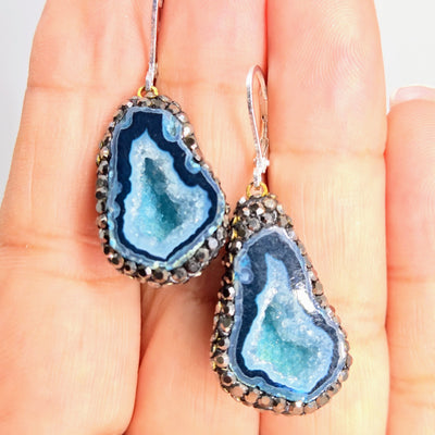 "Ancient Coral Druzy Drop" Earrings - Agatized Druzy Coral, Crystal Pave', Sterling
