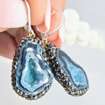 "Ancient Coral Druzy Drop" Earrings - Agatized Druzy Coral, Crystal Pave', Sterling