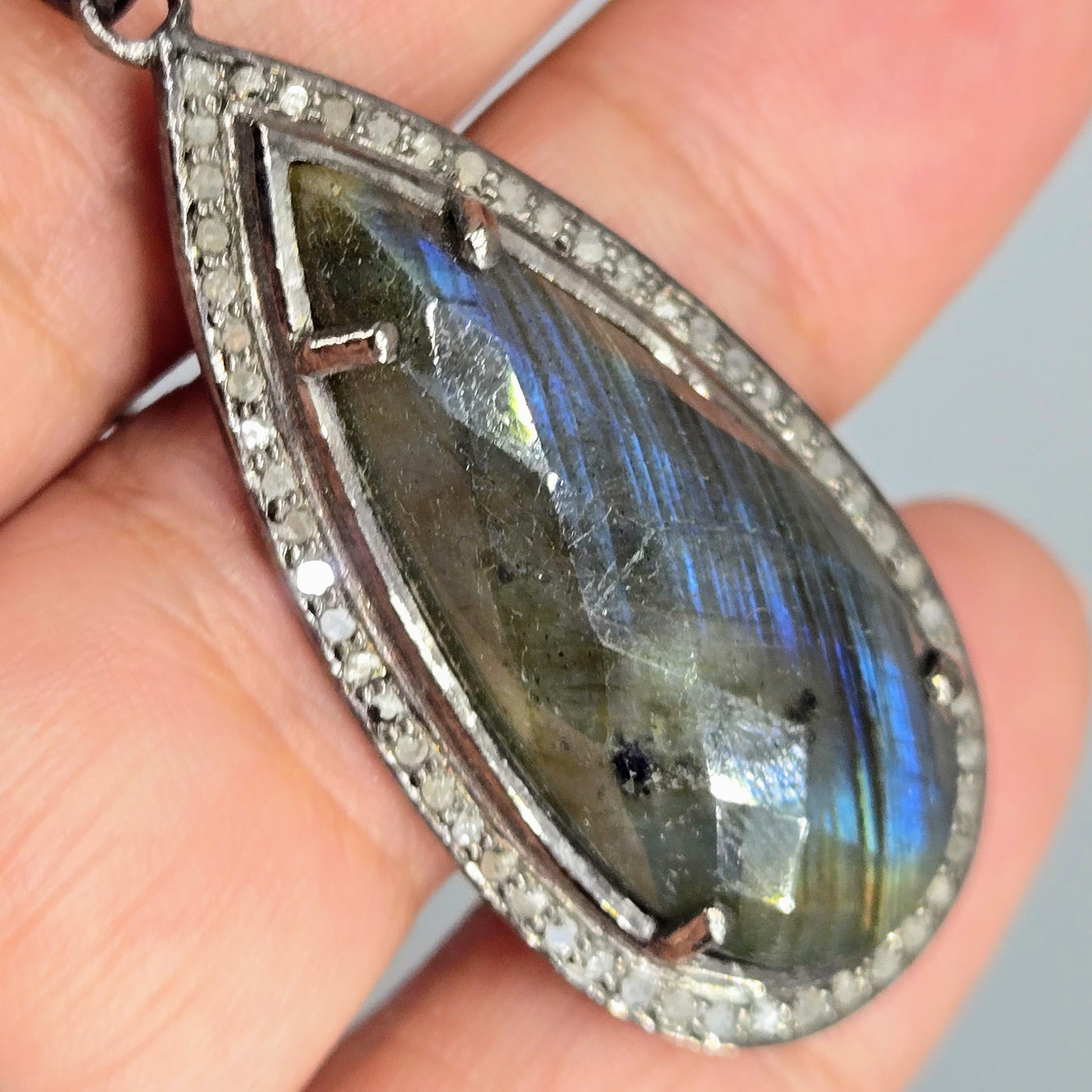 "Flash In The Dark"  Pendant Necklace - Faceted Labradorite, Raw Diamonds, Oxidized Sterling