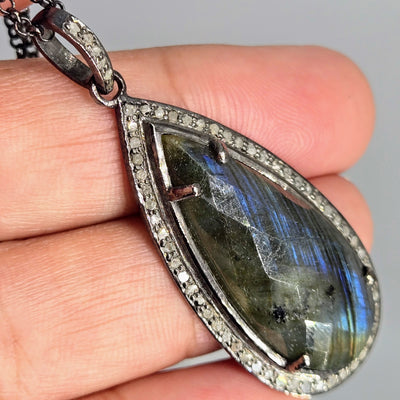 "Flash In The Dark"  Pendant Necklace - Faceted Labradorite, Raw Diamonds, Oxidized Sterling