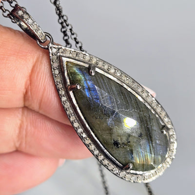 "Flash In The Dark"  Pendant Necklace - Faceted Labradorite, Raw Diamonds, Oxidized Sterling