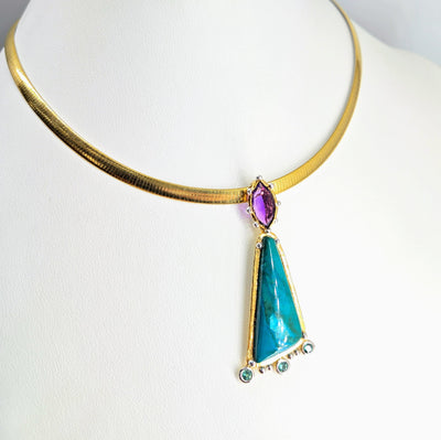 "Happy Dance" Pendant Necklace - Chrysocolla, Amethyst, Tourmaline, 18k Gold Sterling