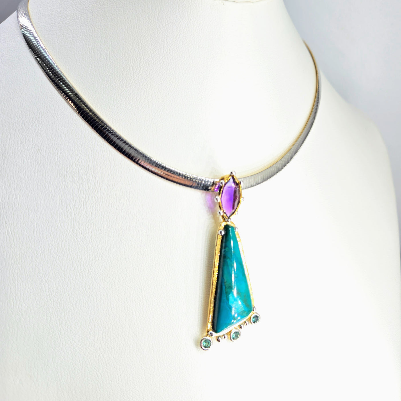 "Happy Dance" Pendant Necklace - Chrysocolla, Amethyst, Tourmaline, 18k Gold Sterling