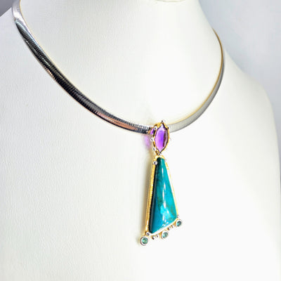 "Happy Dance" Pendant Necklace - Chrysocolla, Amethyst, Tourmaline, 18k Gold Sterling
