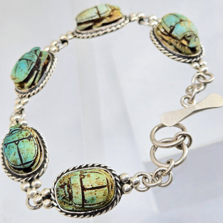 "The Beatles!" 7.5"-8" Bracelet - Antique Ceramic Scarabs, Sterling