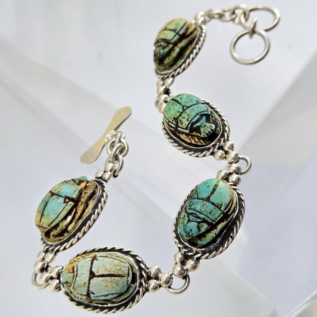 "The Beatles!" 7.5"-8" Bracelet - Antique Ceramic Scarabs, Sterling