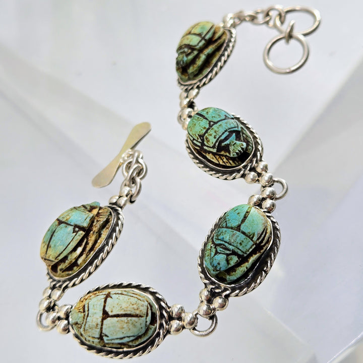 "The Beatles!" 7.5"-8" Bracelet - Antique Ceramic Scarabs, Sterling
