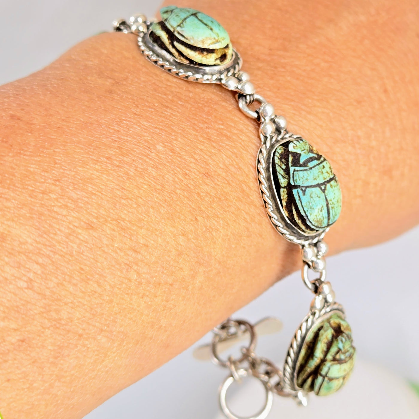 "The Beatles!" 7.5"-8" Bracelet - Antique Ceramic Scarabs, Sterling