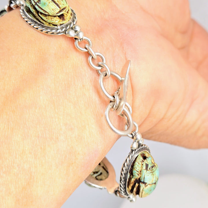 "The Beatles!" 7.5"-8" Bracelet - Antique Ceramic Scarabs, Sterling