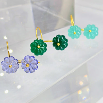 "Petit Fleur" 1" Earrings - Carved Gemstone Flowers, 18k Gold Sterling