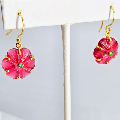 "Petit Fleur Drop" 1.25" Earrings - Carved Gemstone Flowers, 18k Gold Sterling