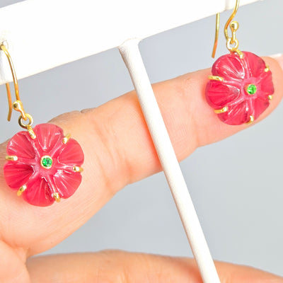 "Petit Fleur Drop" 1.25" Earrings - Carved Gemstone Flowers, 18k Gold Sterling