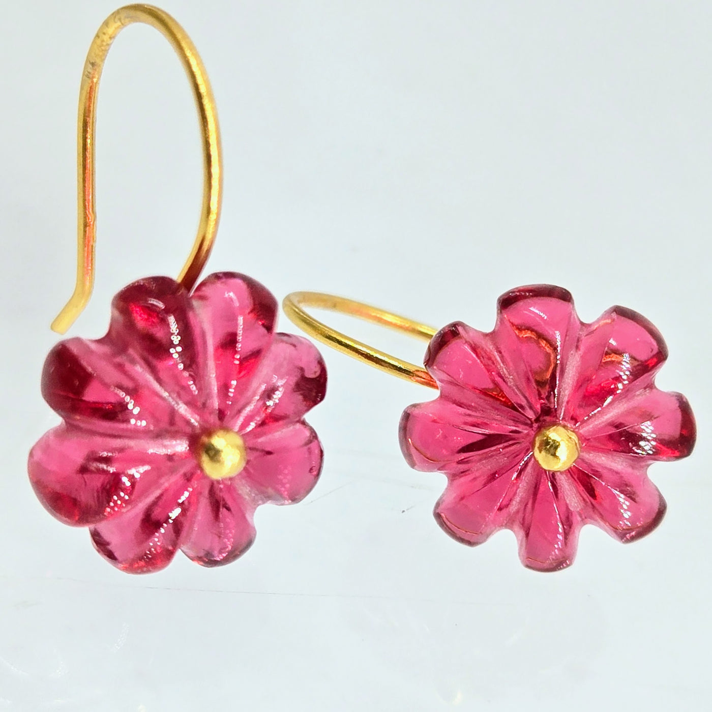 "Petit Fleur" 1" Earrings - Carved Gemstone Flowers, 18k Gold Sterling