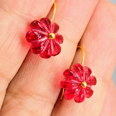 "Petit Fleur" 1" Earrings - Carved Gemstone Flowers, 18k Gold Sterling