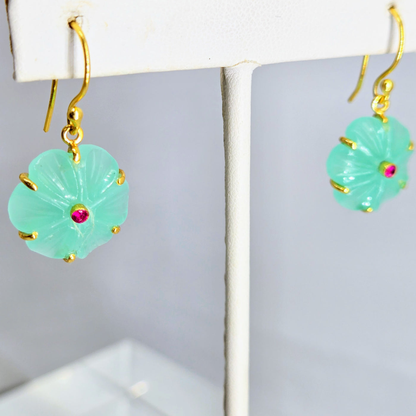 "Petit Fleur Drop" 1.25" Earrings - Carved Gemstone Flowers, 18k Gold Sterling
