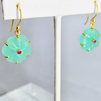 "Petit Fleur Drop" 1.25" Earrings - Carved Gemstone Flowers, 18k Gold Sterling