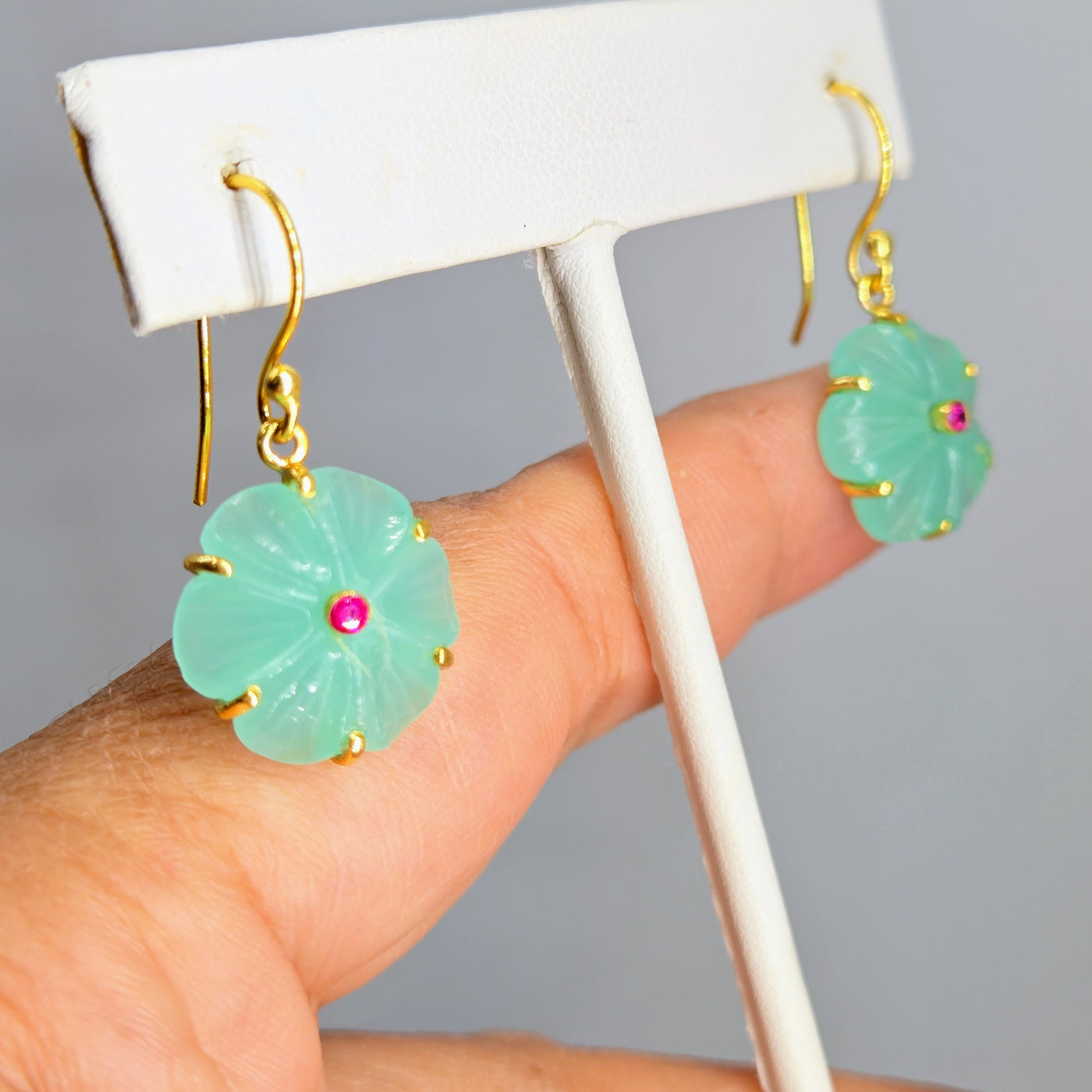 "Petit Fleur Drop" 1.25" Earrings - Carved Gemstone Flowers, 18k Gold Sterling