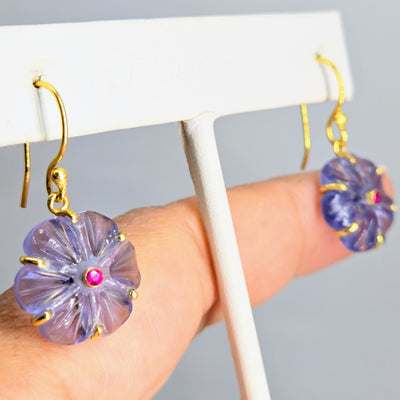 "Petit Fleur Drop" 1.25" Earrings - Carved Gemstone Flowers, 18k Gold Sterling