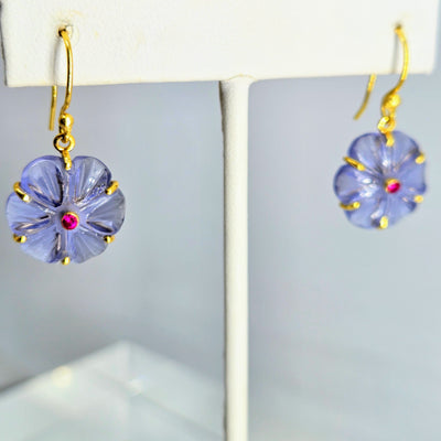 "Petit Fleur Drop" 1.25" Earrings - Carved Gemstone Flowers, 18k Gold Sterling
