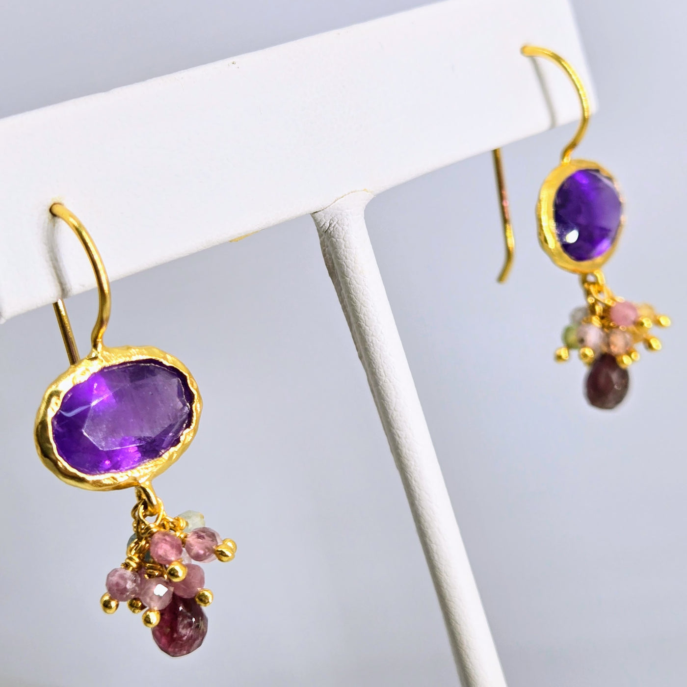 "Bloom" 1.25" Earrings - Amethyst, Labradorite, Chalcedony or Moonstone with Tourmaline, 18k Gold Sterling