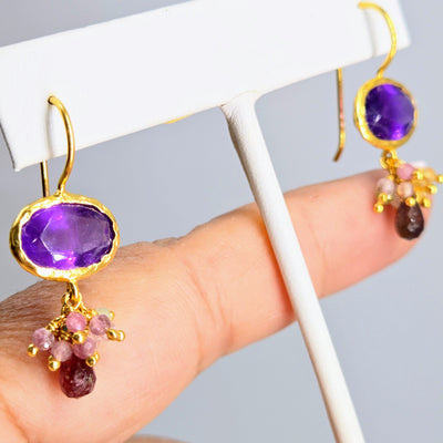 "Bloom" 1.25" Earrings - Amethyst, Labradorite, Chalcedony or Moonstone with Tourmaline, 18k Gold Sterling