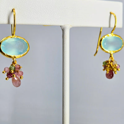 "Bloom" 1.25" Earrings - Amethyst, Labradorite, Chalcedony or Moonstone with Tourmaline, 18k Gold Sterling