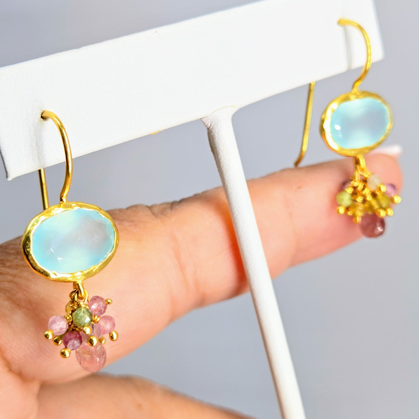 "Bloom" 1.25" Earrings - Amethyst, Labradorite, Chalcedony or Moonstone with Tourmaline, 18k Gold Sterling