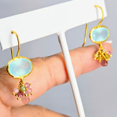"Bloom" 1.25" Earrings - Amethyst, Labradorite, Chalcedony or Moonstone with Tourmaline, 18k Gold Sterling