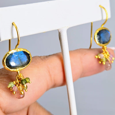 "Bloom" 1.25" Earrings - Amethyst, Labradorite, Chalcedony or Moonstone with Tourmaline, 18k Gold Sterling