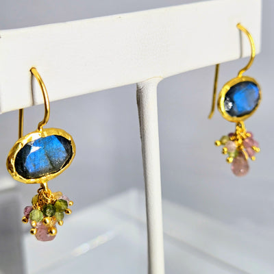 "Bloom" 1.25" Earrings - Amethyst, Labradorite, Chalcedony or Moonstone with Tourmaline, 18k Gold Sterling
