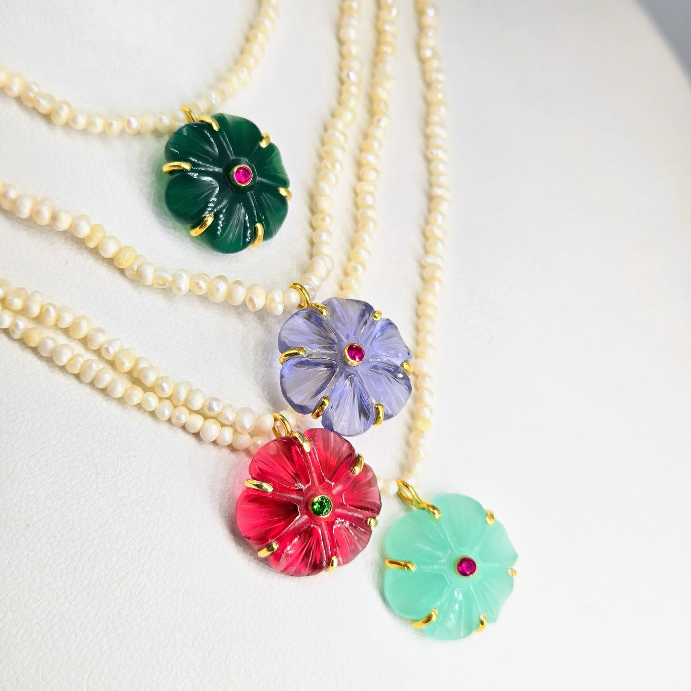 "Mon Petit Fleur" 16" - 18" Necklace - Carved Gem Flowers, Petit Pearls, 18k Gold Sterling