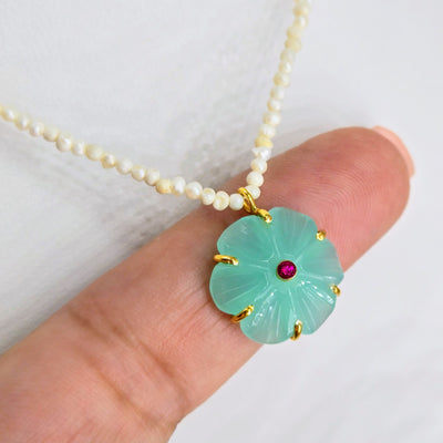 "Mon Petit Fleur" 16" - 18" Necklace - Carved Gem Flowers, Petit Pearls, 18k Gold Sterling
