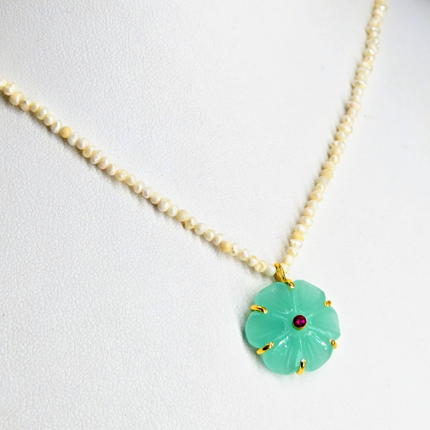 "Mon Petit Fleur" 16" - 18" Necklace - Carved Gem Flowers, Petit Pearls, 18k Gold Sterling
