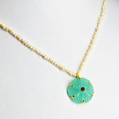 "Mon Petit Fleur" 16" - 18" Necklace - Carved Gem Flowers, Petit Pearls, 18k Gold Sterling