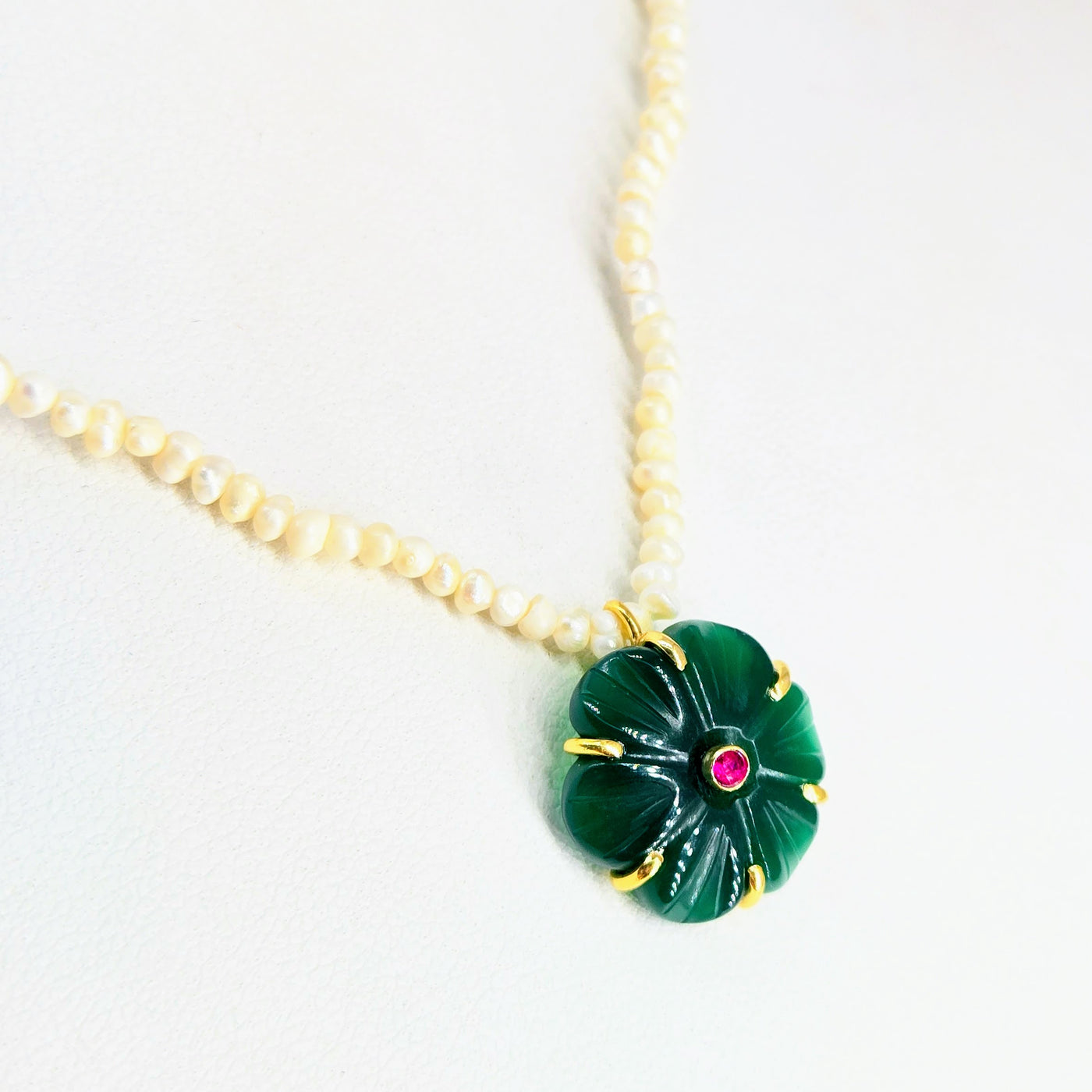 "Mon Petit Fleur" 16" - 18" Necklace - Carved Gem Flowers, Petit Pearls, 18k Gold Sterling