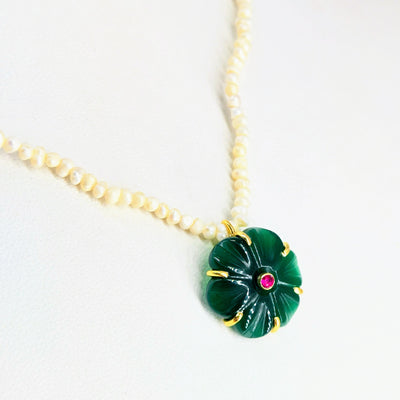"Mon Petit Fleur" 16" - 18" Necklace - Carved Gem Flowers, Petit Pearls, 18k Gold Sterling