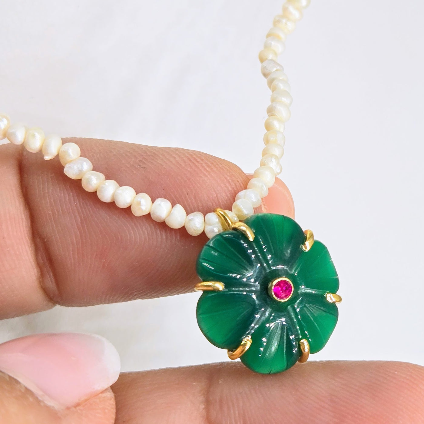 "Mon Petit Fleur" 16" - 18" Necklace - Carved Gem Flowers, Petit Pearls, 18k Gold Sterling