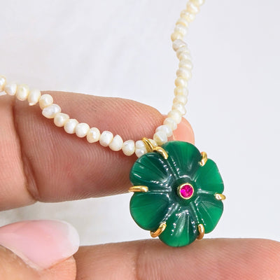 "Mon Petit Fleur" 16" - 18" Necklace - Carved Gem Flowers, Petit Pearls, 18k Gold Sterling