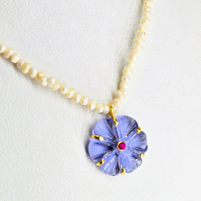 "Mon Petit Fleur" 16" - 18" Necklace - Carved Gem Flowers, Petit Pearls, 18k Gold Sterling