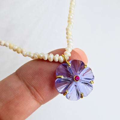 "Mon Petit Fleur" 16" - 18" Necklace - Carved Gem Flowers, Petit Pearls, 18k Gold Sterling