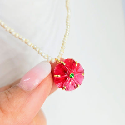 "Mon Petit Fleur" 16" - 18" Necklace - Carved Gem Flowers, Petit Pearls, 18k Gold Sterling